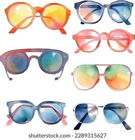 Vektor Aquarellbrille und Sonnenbrillen Set - Sommerfarbensammlung.