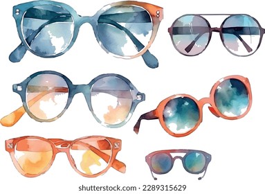 Vector Watercolor glasses and sunglasses set - summer colors collection.