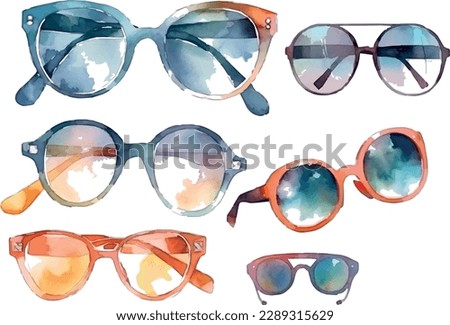 Vector Watercolor glasses and sunglasses set - summer colors collection.