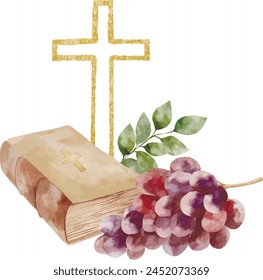 Vector watercolor golden cross, grape, bible, olive branch. Baptism, greeting cards, invitation, wedding card and save the date, celebration, anniversary, birthday, party, event, holiday and print.