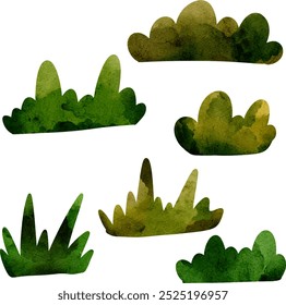 Vector watercolor grass side view isolated on white background for landscape and architecture drawing, elements for environment and garden, botanical elements for section in spring