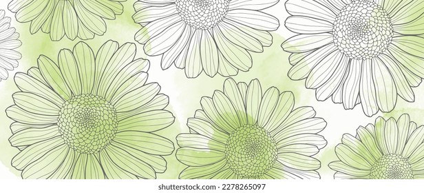 Vector watercolor green background with delicate daisies for decor, covers, wallpaper