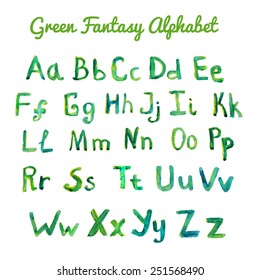 Vector watercolor green fantasy alphabet. 