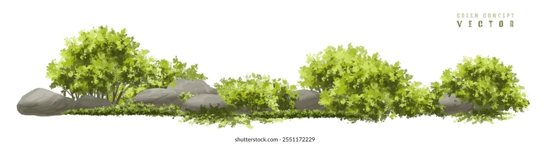 Vector watercolor green garden or forest side view isolated on white background for landscape and architecture drawing,elements for environment or and garden,Shrub for section