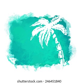 Vector watercolor green grunge geometric square paint stain with splash and hand drawn coconut palm tree closeup white silhouette. Painted frame design. Bright colors. Abstract art