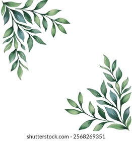 Vector watercolor green leaves banner, branches and leaves isolated on white background,greeting cards, invitations