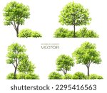 Vector watercolor green tree or forest side view isolated on white background for landscape and architecture drawing,elements for environment or and garden,botanical element for exterior section