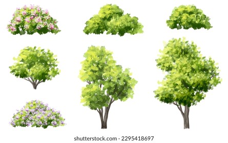 Vector watercolor green tree or forest side view isolated on white background for landscape and architecture drawing,elements for environment or and garden,botanical element for exterior section