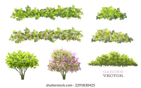 Vector watercolor green tree or forest side view isolated on white background for landscape and architecture drawing,elements for environment or garden,botanical element for exterior section in spring