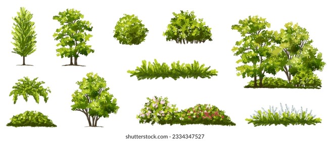 Vector watercolor green tree or forest side view isolated on white background for landscape and architecture drawing,elements for environment or garden,botanical element for exterior section in spring