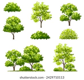Vector watercolor green tree or forest side view isolated on white background for landscape and architecture drawing,elements for environment or garden,botanical element for exterior section in spring