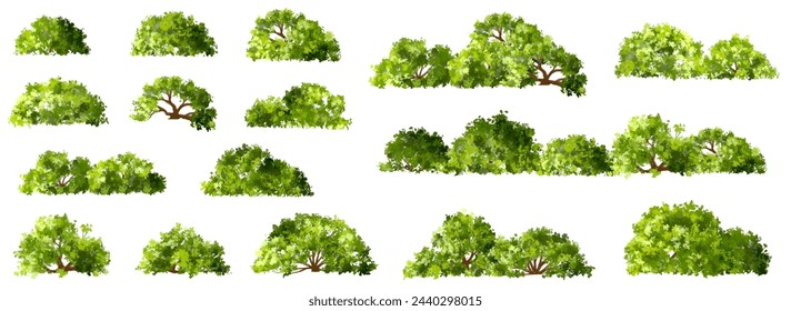 Vector watercolor green tree or forest side view isolated on white background for landscape and architecture drawing,elements for environment or garden,botanical element for exterior section in spring