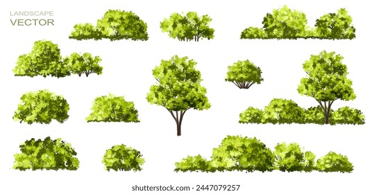 Vector watercolor green tree or forest side view isolated on white background for landscape and architecture drawing,elements for environment or garden,botanical element for exterior section in spring