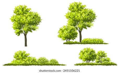 Vector watercolor green tree or forest side view isolated on white background for landscape and architecture drawing,elements for environment or garden,botanical element for exterior section in spring