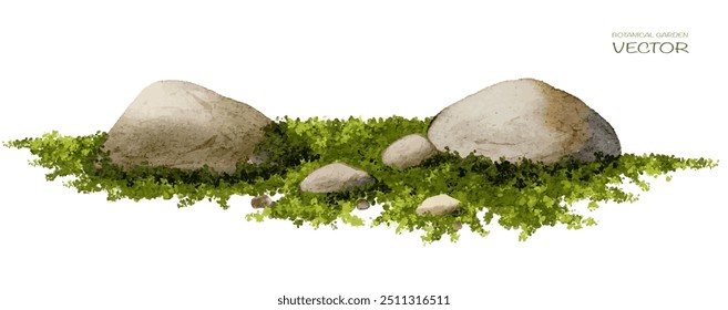 Vector watercolor green tree or forest side view isolated on white background for landscape and architecture drawing,elements for environment or and garden,Shrub with rock,stone and meadow 