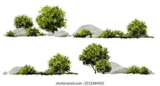  Vector watercolor green  tree or forest side view isolated on white background for landscape and architecture drawing,elements for environment or and garden,Shrub for section