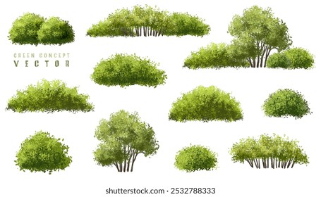  Vector watercolor green  tree or forest side view isolated on white background for landscape and architecture drawing,elements for environment or and garden,Shrub for section