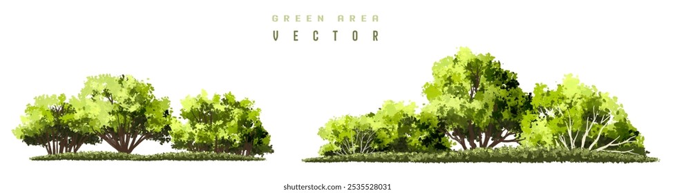  Vista lateral verde del árbol o del bosque de la acuarela del Vector aislada en el fondo blanco para el dibujo del paisaje y de la arquitectura, Elementos para el ambiente o y el jardín, arbusto para la sección