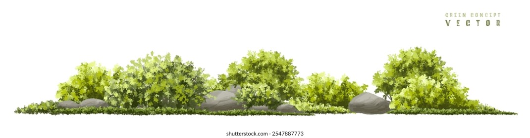  Vector watercolor green  tree or forest side view isolated on white background for landscape and architecture drawing,elements for environment or and garden,Shrub for section