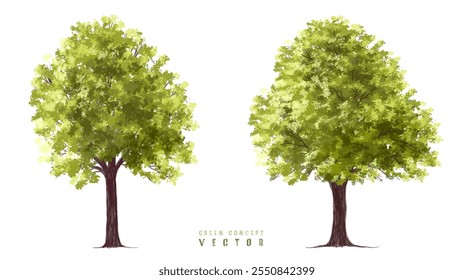  Vector watercolor green  tree or forest side view isolated on white background for landscape and architecture drawing,elements for environment or and garden,Shrub for section