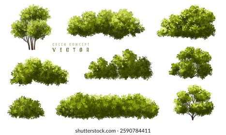  Vector watercolor green  tree or forest side view isolated on white background for landscape and architecture drawing,elements for environment or and garden,Shrub for section