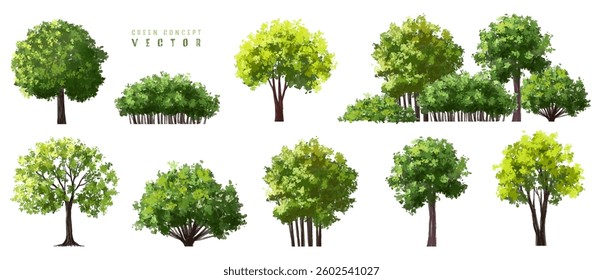  Vector watercolor green  tree or forest side view isolated on white background for landscape and architecture drawing,elements for environment or and garden,Shrub for section