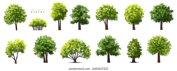  Vector watercolor green  tree or forest side view isolated on white background for landscape and architecture drawing,elements for environment or and garden,Shrub for section