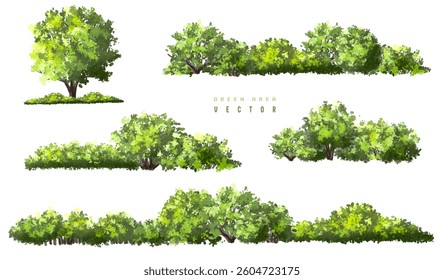  Vector watercolor green  tree or forest side view isolated on white background for landscape and architecture drawing,elements for environment or and garden,Shrub for section