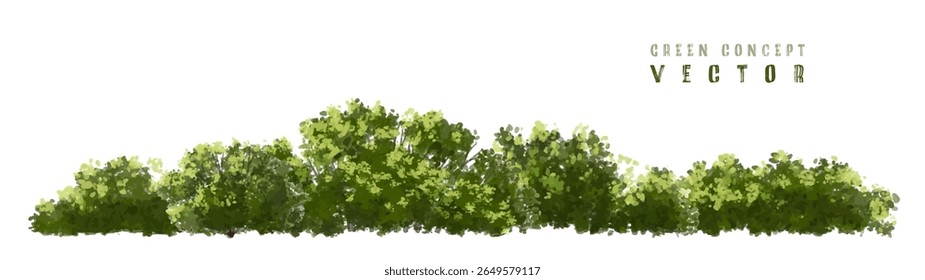  Vector watercolor green  tree or forest side view isolated on white background for landscape and architecture drawing,elements for environment or and garden,Shrub for section