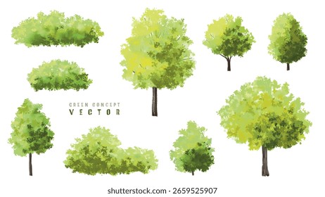 Vista lateral verde del árbol o del bosque de la acuarela del Vector aislada en el fondo blanco para el dibujo del paisaje y de la arquitectura, Elementos para el ambiente o y el jardín, arbusto para la sección