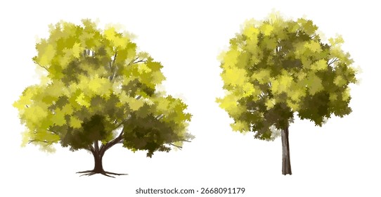  Vetor aquarela verde árvore ou vista lateral da floresta isolado no fundo branco para desenho de paisagem e arquitetura, elementos para o ambiente ou e jardim, Arbusto para seção