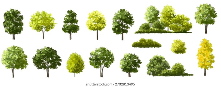  Vektor Aquarell grün Baum oder Wald Seitenansicht einzeln auf weißem Hintergrund für Landschaft und Architektur Zeichnung, Elemente für Umwelt oder und Garten, Strauch für Schnitt