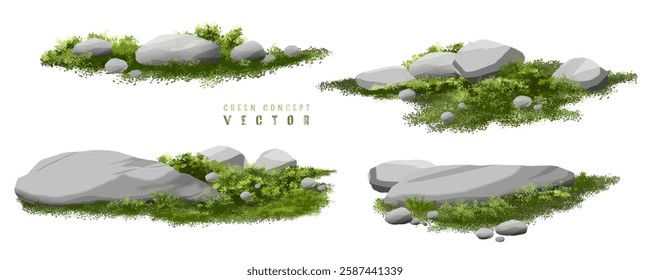 Vector watercolor green tree or meadow side view isolated on white background for landscape and architecture drawing,elements for environment or and garden,Shrub for section,moss with rock,stone