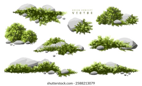 Vector watercolor green tree or meadow side view isolated on white background for landscape and architecture drawing,elements for environment or and garden,Shrub for section,moss with rock,stone