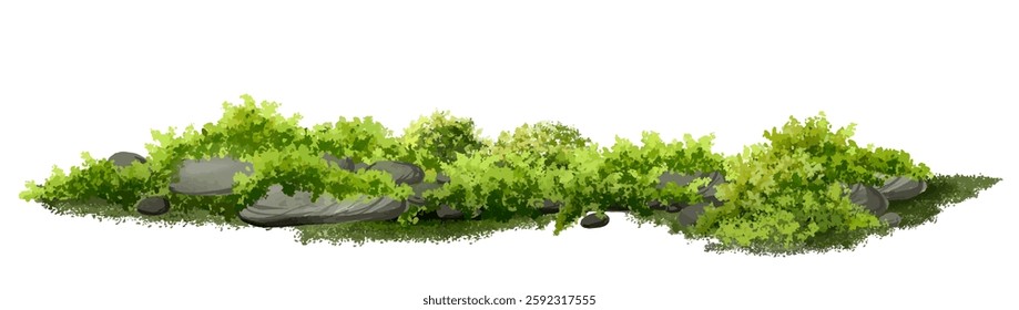  Vector watercolor green  tree or meadow side view isolated on white background for landscape and architecture drawing,elements for environment or and garden,Shrub for section,moss and fern garden 