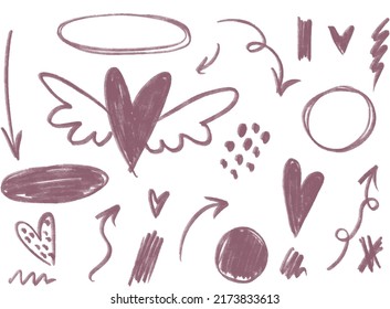 Vector watercolor grunge pastel handdrawn set of circles, brush strokes, hearts, arrows, flowers and ink stains. Ideal for print, stickers, collage, graphic design and other creative projects.