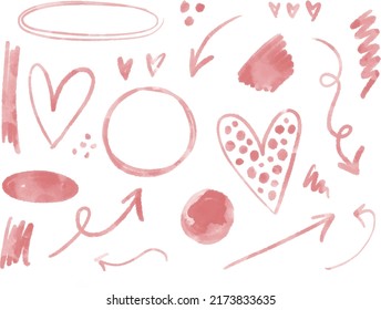 Vector watercolor grunge pastel handdrawn set of circles, brush strokes, hearts, arrows, flowers and ink stains. Ideal for print, stickers, collage, graphic design and other creative projects.