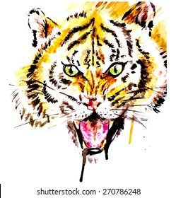 Vector watercolor grunge tiger with open mouth