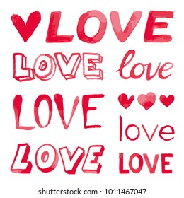 Vector watercolor had written red letters typography and hearts love set for Valentine's day