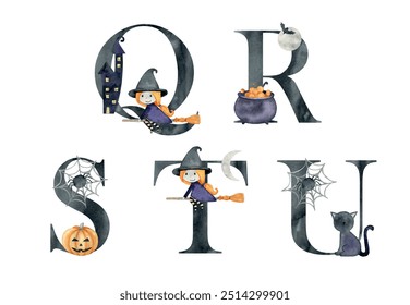 Vector watercolor halloween letters for invitations, greeting card, birthday, logo, poster and other.