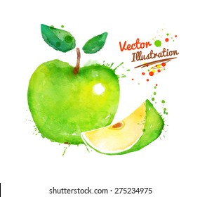 Vector watercolor hand drawn apple with paint splashes.