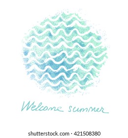 Vector watercolor hand drawn background with sea waves. Summer universal card with doodle watercolor texture