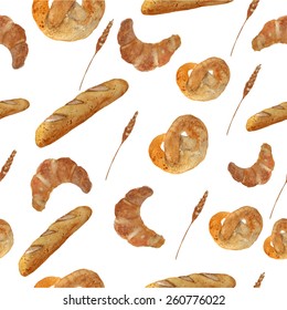 Vector watercolor hand drawn bakery seamless pattern with croissant, loaf, wheat, baguette, pretzel. EPS10.