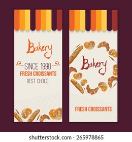 Vector watercolor hand drawn bakery set of banners with croissant, loaf, wheat, baguette, pretzel. EPS10. 