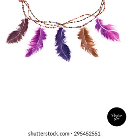 Vector watercolor hand drawn colorful purple and natural brown bird feather arranged on a necklace string. Cute authentic decor background.