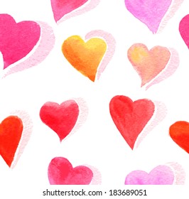 Vector watercolor hand drawn doodle hearts seamless pattern.