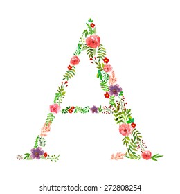Vector watercolor hand drawn Floral monogram. Letters "A" Perfect for backgrounds of flyers, posters, invitations, cards, webs graphics, blogs, banners, and more.