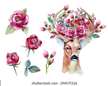 Vector watercolor hand drawn floral set with deer. Colorful floral collection with leaves and flowers, drawing watercolor. Spring or summer design for invitation, wedding or greeting cards