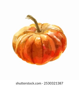 Vector watercolor hand drawn fresh orange big organic pumpkin isolated on a white background. Realistic illustration. Eps 10. Not AI. Modern cute botanical image. Creative style art for trendy design.