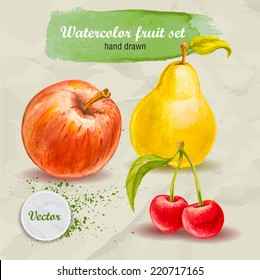 Vector watercolor hand drawn fruit set on paper with watercolor drops. Organic food illustration.Red apple, pear and cherry